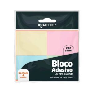 BLOCO ADESIVO 38X50 C/4 100F COLORIDO PASTEL - Jocar Office